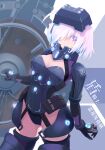  1girl armor armored_leotard black_armor black_leotard breasts fate/grand_order fate_(series) hair_over_one_eye harnetyss head-mounted_display highres holding holding_shield leotard looking_at_viewer mash_kyrielight mash_kyrielight_(ortenaus) medium_breasts multicolored_leotard purple_eyes purple_hair shield short_hair smile solo thighhighs visor_lift 