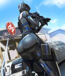  1girl absurdres ass ass_focus belt blue_sky bodysuit breasts cuffs day gun handcuffs helmet highres holding holding_gun holding_weapon house huge_ass large_breasts limousine nisetanaka original outdoors police rifle road road_sign sign sky solo street thigh_pouch weapon 