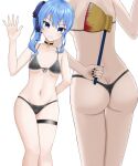  1girl absurdres alternate_costume arm_behind_back ass axe bangs bikini blood_on_axe blue_eyes blue_hair blue_nails breasts choker commentary_request feet_out_of_frame from_behind golden_axe_(weapon) grey_bikini hand_up highres hololive hoshimachi_suisei legs looking_at_viewer multiple_views nail_polish navel plaid plaid_bikini side_ponytail sidelocks simple_background skindentation small_breasts solo swimsuit tamagotozi3420 teeth thigh_strap thighs thong_bikini underboob virtual_youtuber waving white_background 