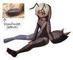  1girl :&lt; animal antennae arthropod_girl between_legs black_sclera brown_hair carapace closed_mouth colored_sclera colored_tips dark-skinned_female dark_skin full_body gomulgong hand_between_legs highres light_brown_hair looking_at_viewer monster_girl multicolored_hair orange_eyes original personification photo_inset pillbug reference_inset short_hair simple_background sitting solo teardrop two-tone_hair white_background 