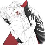  2boys alternate_costume america_(hetalia) axis_powers_hetalia biting black_cape blood blood_in_mouth blood_on_clothes blood_on_face buttons cape clenched_teeth drinking_blood earrings eyewear_removed fangs gloves grabbing_another&#039;s_hair green_eyes hand_on_another&#039;s_back jewelry leather leather_gloves looking_at_another multiple_boys neck_biting nosebleed short_hair spot_color teeth thick_eyebrows to@st united_kingdom_(hetalia) vampire vampire_costume yaoi 