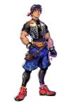  1boy absolum_art absurdres alternate_costume bag bandana black_gloves black_leggings black_shirt blue_eyes blue_hair blue_shorts chrono_cross fishnet_top fishnets full_body gloves goggles goggles_on_head hand_in_pocket highres jewelry leggings looking_to_the_side male_focus muscular muscular_male necklace orange_belt red_bandana red_footwear redesign serge_(chrono_cross) shirt shoes short_hair short_sleeves shorts solo standing t-shirt tooth_necklace white_background 
