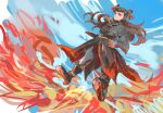  1boy bangs black_hair double_bun fire flying full_body hair_bun hair_ribbon hajiki_491 hands_on_hips highres long_hair long_sleeves looking_at_viewer nezha_(the_legend_of_luoxiaohei) red_ribbon ribbon solo the_legend_of_luo_xiaohei 