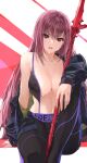  1girl bangs breasts fate/grand_order fate_(series) gae_bolg_(fate) hair_between_eyes highres large_breasts long_hair looking_at_viewer open_mouth polearm purple_hair red_eyes scathach_(fate) solo spear thighs weapon wet yahako 