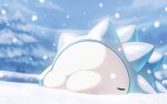  closed_eyes cloud commentary_request day lying naoki_eguchi no_humans on_stomach outdoors pokemon pokemon_(creature) sky sleeping snom snow snowing solo 