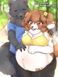  3:4 accessory anthro belly big_belly big_breasts black_body black_fur black_nose blue_clothing blue_shirt blue_topwear blush bottomwear breasts brown_body brown_eyes brown_fur brown_hair brown_spots canid canine canis claws cleavage clothed clothing digital_media_(artwork) domestic_dog duo eyes_closed female fingers fluffy forest freckles fur hair hair_accessory hairclip hand_on_shoulder hand_on_stomach hi_res koto0v0haru larger_male male mammal midriff navel open_mouth outside pants plant pregnant pregnant_female shirt size_difference smaller_female smile spots spotted_body spotted_fur tongue tongue_out topwear trail tree tuft white_body white_fur wolf 