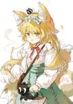  1girl absurdres animal_ears animal_on_head arknights bag basket black_cat blonde_hair brown_bag cat cat_on_head cowboy_shot flower fox_ears fox_girl fox_tail frilled_hairband frills green_eyes green_hairband green_skirt hair_down hairband high-waist_skirt highres holding holding_basket kitsune long_hair long_sleeves looking_at_viewer luo_fei_yu_ya multiple_tails neck_ribbon official_alternate_costume on_head parted_lips red_ribbon ribbon satchel shirt shoulder_bag sketch skirt solo suzuran_(arknights) suzuran_(praise_spring)_(arknights) tail white_shirt 