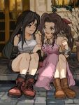  2girls :d aerith_gainsborough bangle bangs bare_shoulders black_gloves black_hair black_skirt boots bracelet braid braided_ponytail breasts brick_floor brown_eyes brown_footwear brown_hair choker closed_mouth commentary_request door dress earrings elbow_gloves final_fantasy final_fantasy_vii front_slit full_body gloves green_eyes hair_ribbon highres holding_another&#039;s_arm house jewelry large_breasts long_dress long_hair looking_at_another medium_breasts miniskirt_pirates multiple_girls open_mouth outdoors parted_bangs pink_dress pink_ribbon plant porch potted_plant red_footwear ribbon shadow shirt sidelocks sitting skirt sleeveless sleeveless_dress sleeveless_shirt smile suspenders tifa_lockhart uzutanco white_shirt window 