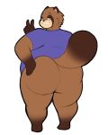  anthro big_butt bottomless bottomless_male butt canid canine clothed clothing digitalpelican gesture hand_on_butt joey_(digitalpelican) male mammal raccoon_dog shirt smile solo tanuki topwear v_sign 