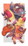  :o bangs black_headwear blue_eyes bow fang fennekin hat highres looking_at_viewer no_humans nullma one_eye_closed pink_eyes pokemon pokemon_(creature) red_background red_bow red_eyes skin_fang top_hat vulpix white_background zorua 