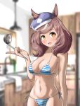  1girl absurdres animal_ears beret bikini blurry blurry_background blush breasts celmotor cleavage collarbone commentary_request covered_nipples ears_through_headwear hair_ornament hairclip hat highres holding holding_ladle horse_ears horse_girl horse_tail kitchen ladle matikane_tannhauser_(umamusume) medium_breasts navel open_mouth side-tie_bikini_bottom solo striped striped_bikini swimsuit tail umamusume vertical-striped_bikini vertical_stripes yellow_eyes 