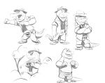  2021 alligator alligatorid anthro bottomwear boxing_gloves boxing_shorts brok_(character) brok_the_investigator camera clothing crocodilian handwear hat headgear headwear hi_res humanoid_hands male monochrome pants plant reptile scalie scruffydraws shirt shorts solo topwear tree video_games 