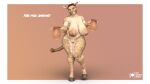  1:1 3d_(artwork) age_difference anthro big_breasts black_clothing black_hooves black_panties black_underwear blue_eyes bovid bovine breasts cattle clothing digital_media_(artwork) english_text female genitals hi_res holding_object hooves horn lowhangingfruit3d mammal mature_anthro mature_female nipples nude panties pussy simple_background size_difference solo text thick_thighs underwear wide_hips 