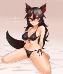  1girl alternate_costume animal_ears bangs bikini black_bikini breasts brown_eyes brown_hair cleavage commentary_request full_body hair_between_eyes hand_on_own_chest highres imaizumi_kagerou ke-su large_breasts long_hair looking_at_viewer milestone_celebration navel open_mouth sitting slit_pupils solo sweat swimsuit tail touhou wariza wolf_ears wolf_girl wolf_tail 