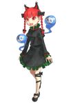  1girl animal_ears bow braid cat_ears cat_tail dress full_body kaenbyou_rin kugata1 long_sleeves multiple_tails open_mouth red_eyes red_hair solo tail touhou transparent_background twin_braids two_tails 