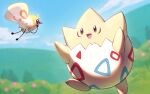  :d blurry cloud commentary_request cutiefly day naoki_eguchi no_humans open_mouth outdoors pokemon pokemon_(creature) sky smile togepi tongue 