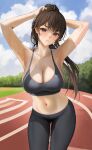  1girl armpits arms_up bangs black_eyes black_hair black_pants black_sports_bra breasts cleavage commentary highres large_breasts logo long_hair looking_at_viewer midriff navel nike original outdoors pants parted_lips ponytail sports_bra stomach sweat symbol-only_commentary tokkihouse 