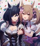  2girls :d animal_ears black_bow black_bowtie black_hair blouse blue_eyes bob_cut bow bowtie breasts brown_eyes brown_hair choker cleavage coffee1223 confetti detached_sleeves dirndl eishin_flash_(umamusume) german_clothes hair_between_eyes hair_bow highres horse_ears horse_girl large_breasts looking_at_viewer multiple_girls puffy_short_sleeves puffy_sleeves red_choker scrunchie shirt short_hair short_sleeves smart_falcon_(umamusume) smile twintails umamusume v white_scrunchie white_shirt 