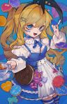  1girl :d alice_(alice_in_wonderland) alice_in_wonderland animal_ears bag bangs blonde_hair blue_dress blue_nails cheshire_cat_(alice_in_wonderland) cowboy_shot cup dress fake_animal_ears fangs food hair_ornament heart highres holding holding_cup juliet_sleeves long_hair long_sleeves nail_polish open_mouth oreo puffy_sleeves rabbit_ears smile solo striped striped_thighhighs teeth thighhighs tira_27 tongue white_dress white_thighhighs x_hair_ornament 