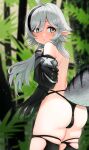  1girl ahoge arknights ass back bangs black_hair black_panties black_thighhighs blurry blurry_background commentary_request cowboy_shot crocodilian_tail grey_hair hair_between_eyes ke-su long_hair looking_at_viewer multicolored_hair open_mouth panties plant pointy_ears skindentation solo streaked_hair tail thighhighs tomimi_(arknights) torn_thighhighs underwear yellow_eyes 