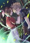  1boy 1girl aerith_gainsborough armor bandaged_arm bandages bangle bangs belt blonde_hair blue_pants blue_shirt bracelet braid braided_ponytail brown_hair buster_sword cloud_strife cowboy_shot cropped_jacket dress earrings falling_petals final_fantasy final_fantasy_vii final_fantasy_vii_remake flower gloves green_eyes hair_ribbon hands_on_another&#039;s_cheeks hands_on_another&#039;s_face jacket jewelry lifestream long_dress long_hair looking_at_another multiple_belts non-web_source pants papiwanko parted_bangs petals pink_dress pink_ribbon red_jacket ribbon shirt short_hair short_sleeves shoulder_armor sidelocks single_earring sleeveless sleeveless_turtleneck spiked_hair turtleneck wavy_hair weapon weapon_on_back yellow_flower 