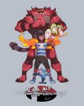  1boy baseball_cap black_hair black_shorts brown_eyes dark-skinned_male dark_skin dartrix elio_(pokemon) grey_background grin hat highres incineroar looking_at_viewer nyantcha pokemon pokemon_(game) pokemon_swsh popplio saimon_tamaki shirt shorts simple_background smile striped striped_shirt 