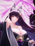  1girl animal_ear_fluff animal_ears azur_lane bangs bare_shoulders black_hair black_kimono blush breasts brown_eyes cleavage closed_mouth collarbone facial_mark fox_ears fox_girl fur-trimmed_kimono fur_trim highres japanese_clothes jewelry kimono kitsune kojo_(0124) large_breasts long_hair long_sleeves looking_at_viewer magatama magatama_necklace musashi_(azur_lane) necklace outstretched_hand smile solo upper_body very_long_hair 