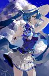  1girl :d bangs bare_shoulders blue_eyes blue_hair blue_shirt blue_sky bottle cloud collared_shirt commentary cumulonimbus_cloud feet_out_of_frame hand_on_headwear hat hatsune_miku headset highres holding holding_bottle long_hair lunar_(lunar_815) necktie open_mouth pleated_skirt profile shirt skirt sky sleeveless sleeveless_shirt smile solo symbol-only_commentary teeth tie_clip twintails upper_teeth very_long_hair vocaloid water_bottle white_headwear white_necktie white_skirt wing_collar 
