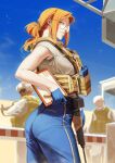  1girl 2boys absurdres armpits arms_at_sides ass assault_rifle blue_eyes blue_gloves blue_sky blurry blurry_background braid breasts closed_mouth feet_out_of_frame from_side glasses gloves gun highres holding holding_gun holding_weapon large_breasts long_hair looking_at_viewer multiple_boys orange_hair original outdoors pantylines pocket qr_code rifle short_sleeves sidelocks sky smile solo_focus standing sunglasses weapon zuoteng_lucha 