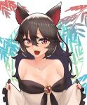  1girl animal_ears bamboo bangs blush breasts brooch brown_hair cleavage commentary_request dress fangs fingernails highres imaizumi_kagerou jewelry ke-su large_breasts leaf long_hair long_sleeves looking_at_viewer off-shoulder_dress off_shoulder open_mouth red_eyes red_nails sharp_fingernails slit_pupils smile solo touhou upper_body white_background white_dress wolf_ears wolf_girl 