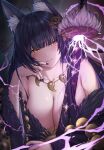  1girl absurdres ahoge animal_ear_fluff animal_ears azur_lane bangs bare_shoulders black_hair black_nails blunt_bangs breasts chien_zero cleavage electricity facial_mark finger_to_mouth fur hand_to_own_mouth highres jewelry katana large_breasts long_hair looking_at_viewer magatama magatama_necklace musashi_(azur_lane) nail_polish necklace parted_lips revision smile solo sword tomoe_(symbol) upper_body weapon yellow_eyes 