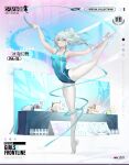  1girl athletic_leotard ballerina ballet ballet_slippers banana_(girls&#039;_frontline) bangs bare_shoulders blue_eyes blue_leotard blue_ribbon breasts character_name collarbone copyright_name covered_navel dinergate_(girls&#039;_frontline) english_text full_body girls&#039;_frontline grey_hair highres holding holding_wand kalina_(girls&#039;_frontline) legs leotard long_hair looking_at_viewer m4_sopmod_ii_jr medium_breasts official_alternate_costume official_art open_mouth pa-15_(girls&#039;_frontline) pantyhose parted_lips ponytail promotional_art ribbon shanyao_jiang_tororo simple_background smile solo split standing standing_on_one_leg standing_split thighs wand white_footwear white_pantyhose 