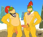  abs aged_up anthro balls bandanna beard biceps body_hair bowser_jr. claws digital_media_(artwork) duo erection eyebrows facial_hair finger_claws genitals hair hi_res horn humanoid_genitalia humanoid_penis kerchief koopa male mario_bros muscular muscular_anthro muscular_male nintendo nipples nude pecs penis ponytail scalie slightly_chubby spikes timidwithapen video_games 