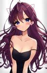  1girl :&lt; absurdres ahoge animal_ears black_camisole blue_eyes blush breasts camisole cat_ears cleavage collarbone highres ichinose_shiki idolmaster idolmaster_cinderella_girls long_hair looking_at_viewer medium_breasts neru5 purple_hair simple_background solo strap_slip very_long_hair whiskers white_background 