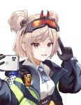  1girl absurdres arm_up ascot bangs black_gloves blue_ascot blue_jacket breasts cellphone commission double_bun eyewear_on_head girls&#039;_frontline gloves hair_bun hair_ornament hairclip hairpin harness highres holding holding_phone index_finger_raised jacket light_smile long_sleeves looking_at_viewer medium_breasts medium_hair min-tami open_clothes open_jacket open_mouth p90_(girls&#039;_frontline) phone pink_hair pixiv_request police police_uniform policewoman red_eyes safety_glasses shirt sig_mcx_(girls&#039;_frontline) smartphone solo teeth uniform upper_body upper_teeth walkie-talkie white_background white_shirt 
