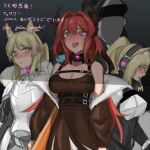 3girls absurdres ahegao animal_ear_fluff animal_ears arknights belt black_choker blemishine_(arknights) blonde_hair blush breasts brown_collar brown_dress brown_horns choker cleavage collar demon_girl dress gradient gradient_background grey_background headphones heart heart-shaped_pupils highres horns horse_ears horse_girl multiple_girls nearl_(arknights) pink_eyes red_hair saliva sketch surtr_(arknights) sword sword_behind_back symbol-shaped_pupils tongue tongue_out weapon wewlife yellow_eyes 