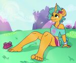  accessory anthro barefoot bow_ribbon clothed clothing digital_drawing_(artwork) digital_media_(artwork) equid equine erynerikard feet female friendship_is_magic hair_accessory hair_bow hair_ribbon hasbro hi_res horn horse mammal midriff mountain my_little_pony off_shoulder pony ribbons snails_(mlp) solo trans_(lore) trans_woman_(lore) unicorn 