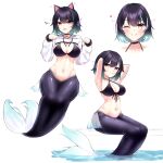  08m- 1girl absurdres animal_ears aqua_hair armpits bangs bell bikini bikini_top_only black_bikini black_choker black_hair breasts cat_ears choker cleavage closed_mouth clothes_lift commentary english_commentary full_body head_fins highres hood hoodie hoodie_lift large_breasts long_sleeves looking_at_viewer mermaid monster_girl multicolored_hair multiple_views navel neck_bell open_mouth original paw_pose portrait simple_background smile swimsuit white_background white_hoodie 