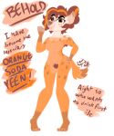  :3c animate_inanimate anthro armpit_hair barefoot beverage body_hair breasts dialogue erynerikard featureless_breasts feet female food food_creature heterochromia hi_res hyaenid mammal navel nude orange_soda pubes sabine_(erynerikard) smile soda soda_bottle spotted_hyena transformation translucent translucent_body 