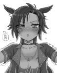  1girl air_shakur_(umamusume) animal_ears black_hair blush choker commentary greyscale highres horse_ears horse_girl incoming_kiss jacket looking_at_viewer maruzen18 monochrome multicolored_hair open_mouth pov short_hair short_sleeves simple_background solo speech_bubble streaked_hair studded_jacket translation_request umamusume white_background 