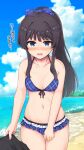  1girl beach bikini black_hair blue_bikini blue_eyes blue_sky blush breasts cloud cowboy_shot day frilled_bikini frills front-tie_bikini_top front-tie_top idolmaster idolmaster_million_live! idolmaster_million_live!_theater_days lockheart long_hair mogami_shizuka navel ocean outdoors ponytail sidelocks sky small_breasts solo_focus standing swimsuit translation_request 