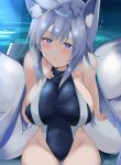  1girl animal_ear_fluff animal_ears azur_lane blue_one-piece_swimsuit blush breasts covered_nipples fox_ears fox_girl fox_tail grey_hair hand_on_own_chest highres kitsune large_breasts large_tail long_hair night one-piece_swimsuit purple_eyes shinano_(azur_lane) sitting solo swimsuit tail tonchinkan very_long_hair water white_hair white_tail 