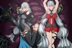  2girls absurdly_long_hair absurdres arknights barefoot bdsm bed_sheet blush bondage bound bound_ankles bound_legs bound_wrists dress hands_on_feet highres long_hair multiple_girls navel red_dress red_eyes restrained shibari skadi_(arknights) skadi_the_corrupting_heart_(arknights) sword teeth tied_up_(nonsexual) very_long_hair weapon wewlife 