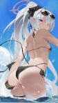  1girl absurdres alternate_hairstyle ass ass_grab back bikini black_bikini black_ribbon blue_archive blue_sky breasts closed_mouth cloud commentary day demon_tail from_behind from_below glaring grabbing_own_ass grey_hair hair_ribbon halo halterneck highres iori_(blue_archive) iori_(swimsuit)_(blue_archive) long_hair looking_at_viewer looking_back outdoors pointy_ears ponytail red_eyes ribbon sadan1317 side-tie_bikini_bottom sky small_breasts solo sunglasses swimsuit symbol-only_commentary tail thigh_strap thighs v-shaped_eyebrows very_long_hair wading water 
