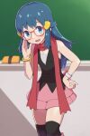  1girl adjusting_eyewear bespectacled black_thighhighs blue_eyes blue_hair board board_eraser chiwino dawn_(pokemon) glasses highres long_hair miniskirt pink_skirt pokemon pokemon_(game) pokemon_dppt shirt sidelocks skirt sleeveless sleeveless_shirt solo thighhighs 