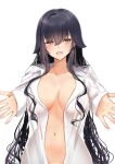  1girl :d azuma_(azur_lane) azur_lane bangs black_hair blush breasts dress_shirt hair_between_eyes large_breasts long_hair long_sleeves naked_shirt navel open_clothes open_mouth open_shirt outstretched_hand schreibe_shura see-through shirt sidelocks simple_background sleeves_past_wrists smile solo upper_body very_long_hair white_background yellow_eyes 