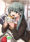  1girl aqua_eyes aqua_hair bag blazer bow bowtie brown_jacket burger cardigan commentary_request drink earrings eating food french_fries hair_ornament hairclip jacket jewelry kantai_collection logo_parody long_hair mcdonald&#039;s nail_polish red_bow red_bowtie school_uniform sitting solo suien suzuya_(kancolle) suzuya_kai_ni_(kancolle) upper_body 