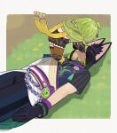  1boy 1girl ahoge all_fours animal_ear_fluff animal_ears belt black_gloves black_hair black_hoodie black_pants black_shorts brown_thighhighs capelet closed_mouth collei_(genshin_impact) fox_boy fox_ears genshin_impact gentlecat gloves green_capelet green_hair hands_on_another&#039;s_face highres hood hoodie long_sleeves lying medal medium_hair multicolored_hair on_back on_ground on_person pants photo-referenced shoes short_sleeves shorts size_difference streaked_hair tassel thigh_belt thigh_strap thighhighs tighnari_(genshin_impact) two-tone_hair vision_(genshin_impact) 