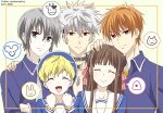  1girl 5boys amyemk black_hair blonde_hair border brown_eyes brown_hair facing_viewer fruits_basket green_eyes grey_hair heart honda_tooru long_hair looking_at_viewer multicolored_hair multiple_boys orange_eyes orange_hair pixiv_username short_hair souma_hatsuharu souma_kyou souma_momiji souma_yuki twitter_username white_background yellow_border 