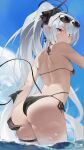  1girl absurdres alternate_hairstyle ass ass_grab back bikini black_bikini black_ribbon blue_archive blue_sky breasts closed_mouth cloud commentary day demon_tail from_behind from_below glaring grabbing_own_ass grey_hair hair_ribbon halo halterneck highres iori_(blue_archive) iori_(swimsuit)_(blue_archive) long_hair looking_at_viewer looking_back outdoors pointy_ears ponytail red_eyes revision ribbon sadan1317 side-tie_bikini_bottom sky small_breasts solo sunglasses swimsuit symbol-only_commentary tail thigh_strap thighs v-shaped_eyebrows very_long_hair wading water 